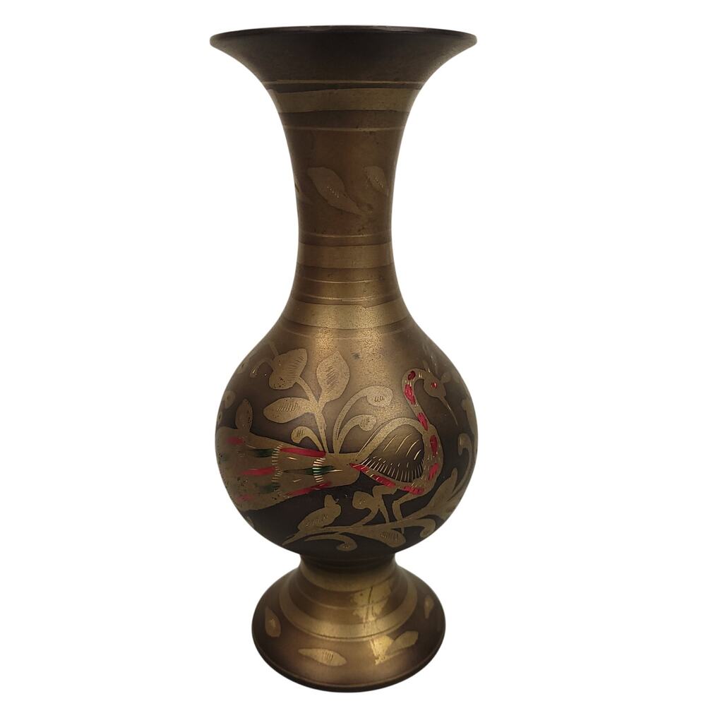 Vintage Mid Century Etched Brass Vase Peacock Floral Pattern 8" Boho Indian